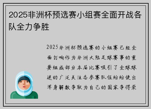 2025非洲杯预选赛小组赛全面开战各队全力争胜