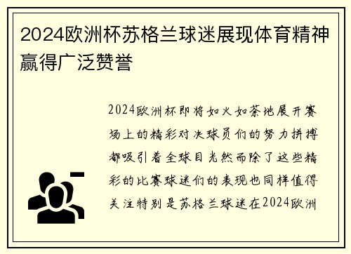 2024欧洲杯苏格兰球迷展现体育精神赢得广泛赞誉